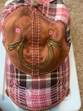 True Religion Pink and Brown Plaid Distressed Cap
